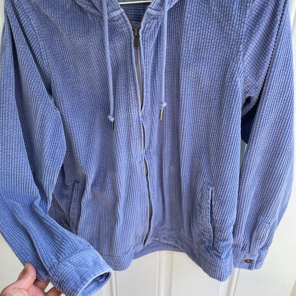 LL Bean Comfort Corduroy Relaxed Shirt Hoodie Women Large Full Zip Larkspur Blue